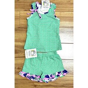 NEW Girls boutique Original Flap Happy Green Stretch shorts set Sz 18 Mo UPF 50+